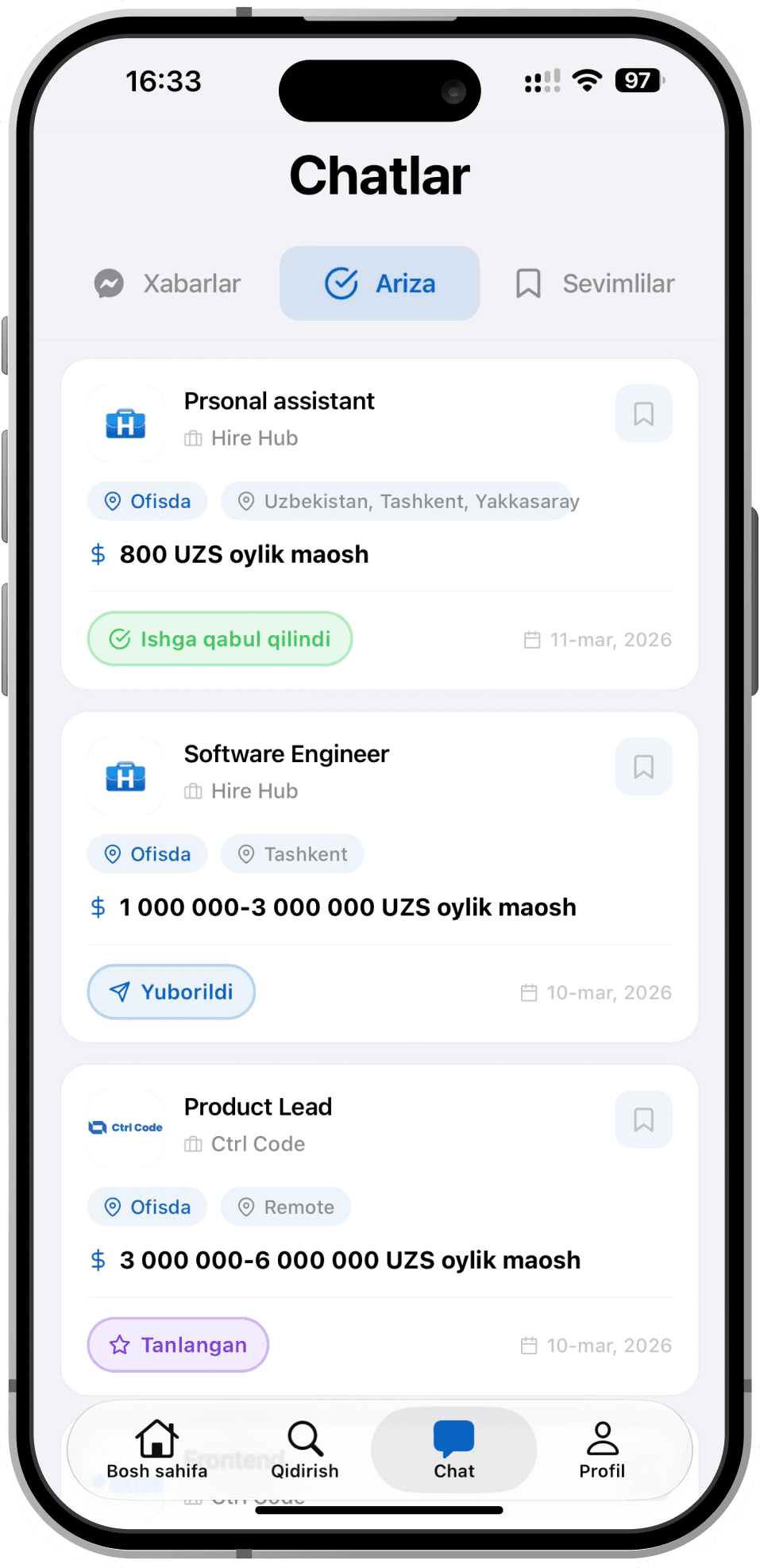 Hire Hub app screen