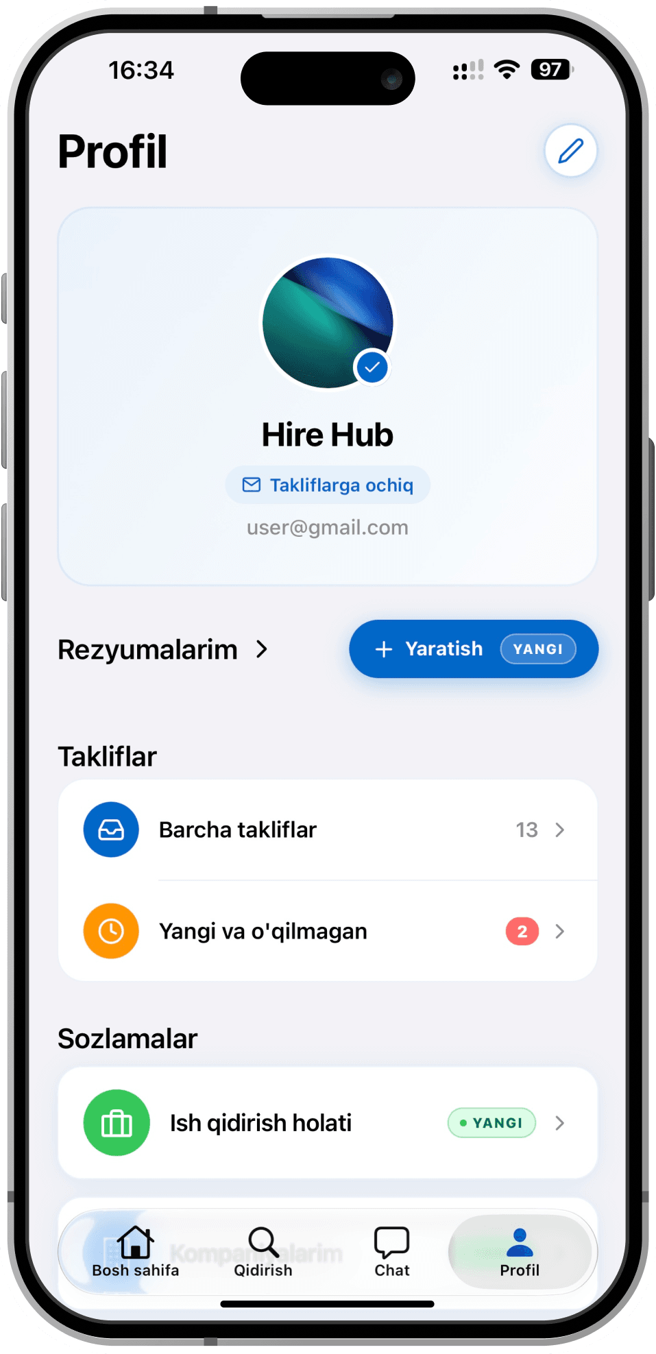 Hire Hub app screen